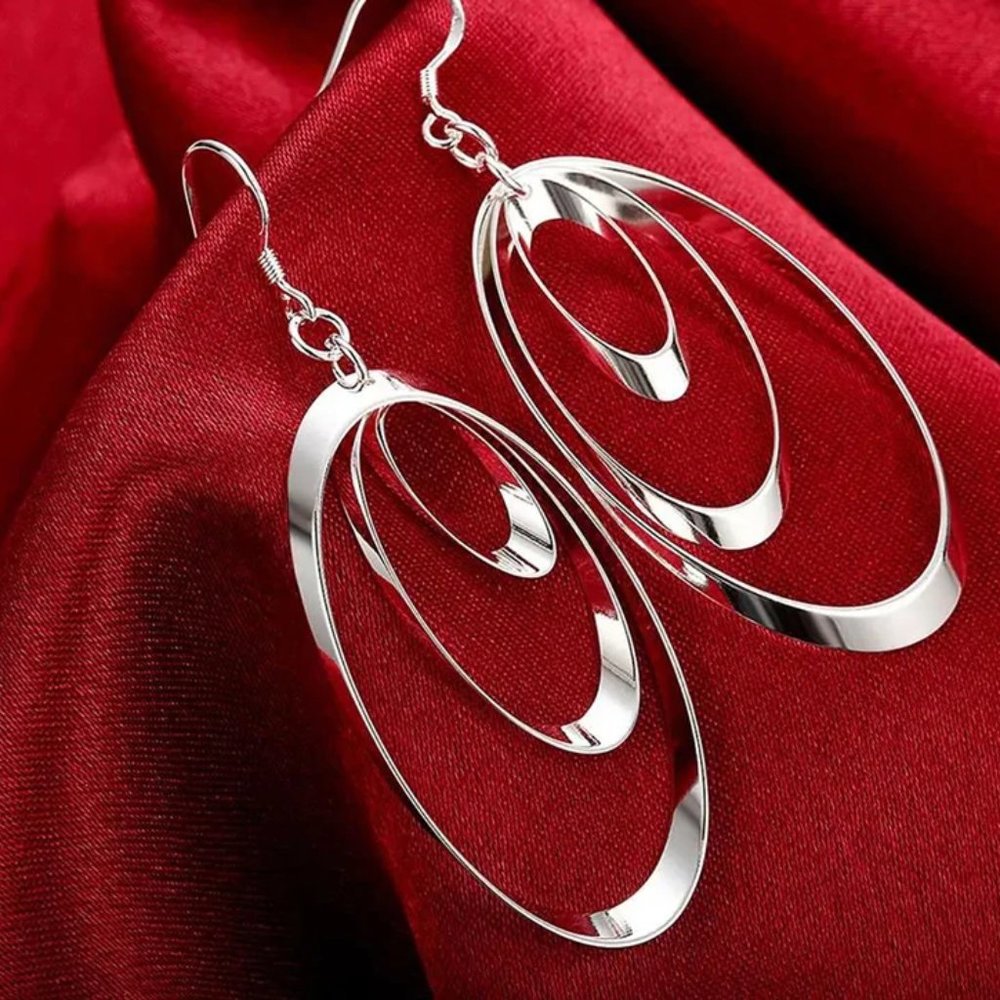 Gorgeous .925 Sterling Silver 3 Ovals Hanging Earrings - Picture 6 of 8